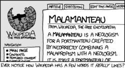 หนึ่งในภาพการ์ตูน xkcd ที่ล้อเลียนสไตล์การเขียนของวิกิพีเดีย
