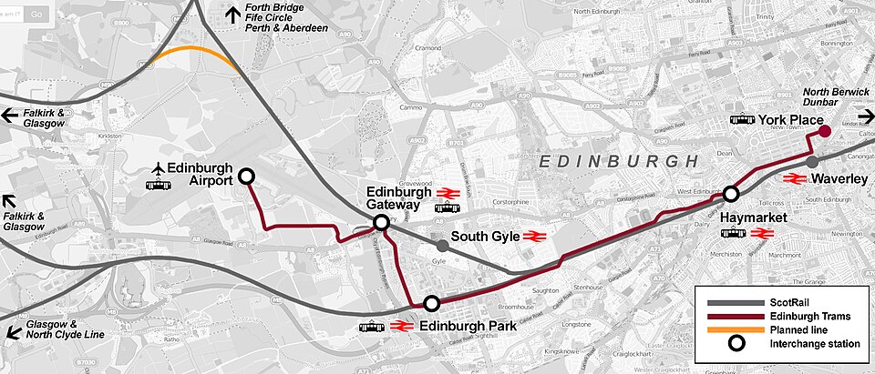 แผนที่แสดงเส้นทางรถราง Edinburgh Gateway