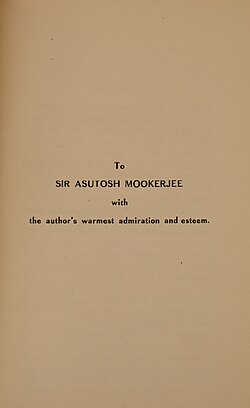 คำอุทิศแด่ Mukherjee ในหนังสือ "การเลี้ยวเบนของแสงระดับโมเลกุล" ของ Chandrasekhara Raman ฉบับปี 1922