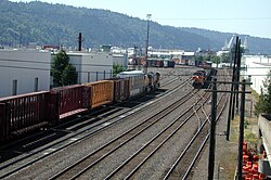 รถไฟสองขบวนวิ่งสวนทางกันไปตามรางในลานสับเปลี่ยนรางซึ่งล้อมรอบไปด้วยโกดังสินค้า