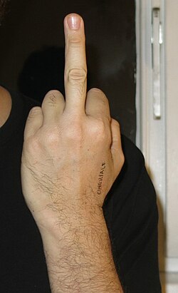 ด้านหน้าของมือผู้ชาย โดยยกนิ้วกลางขึ้น