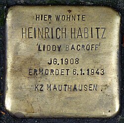 ข้อความสลักไว้ในแผ่นทองเหลืองสี่เหลี่ยม: "Hier wohnte Heinrich Habitz, "Liddy Bacroff", JG. 1908, ERMORDET 6.1.1943, KZ Mauthausen"
