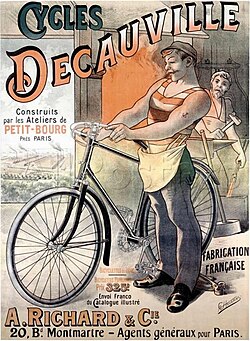 โฆษณาจักรยาน Decauville ผลงานศิลปะโดย Alfred Choubrac ประมาณปี 1892;