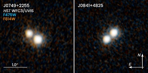 ภาพสองภาพนี้จากกล้องโทรทรรศน์อวกาศฮับเบิลของ NASA/ESA เผยให้เห็นควาซาร์สองคู่ที่เคยมีอยู่เมื่อ 10 พันล้านปีก่อน และตั้งอยู่ใจกลางกาแล็กซีที่กำลังรวมตัวกัน