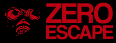 โลโก้แสดงภาพโปสเตอร์ของหน้ากากกันแก๊สของตัวละครซีโร่และข้อความ "Zero Escape" โดยทั้งสองอย่างเป็นสีแดงและอยู่บนพื้นหลังสีดำ