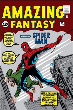 ภาพปกหนังสือการ์ตูนสไปเดอร์แมน พร้อมตัวอักษรสีเหลืองขนาดใหญ่เขียนว่า "Amazing Fantasy"
