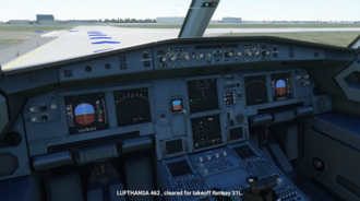 ภาพหน้าจอจากภายในห้องนักบินของเกม แสดงให้เห็นเครื่องบินกำลังเคลื่อนตัวอยู่บนทางวิ่ง