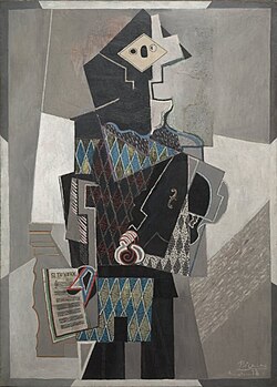ปาโบล ปิกัสโซ, 1918, ตัวตลกเล่นไวโอลิน (Arlequin au violon), ภาพเขียนสีน้ำมันบนผ้าใบ, ขนาด 142 x 100.3 ซม., พิพิธภัณฑ์ศิลปะคลีฟแลนด์, โอไฮโอ